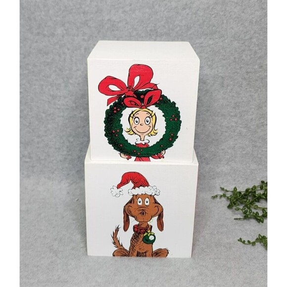 Grinch Christmas Story Stacking Boxes Cindy Lou Who Max The Dog 2 Pc Wooden NEW - Picture 3 of 8